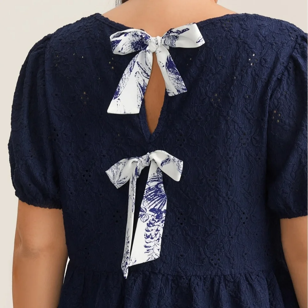 BNWT Bloomchic Navy Back Tie Bow Lace Peplum Top 14‑16 Romantic Boho - Picture 11 of 13